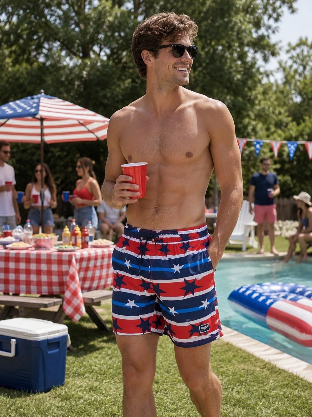 Speedo Red Blue Star Stripe Swim Trunks Shorts S Patriotic Americana Beachy Reso